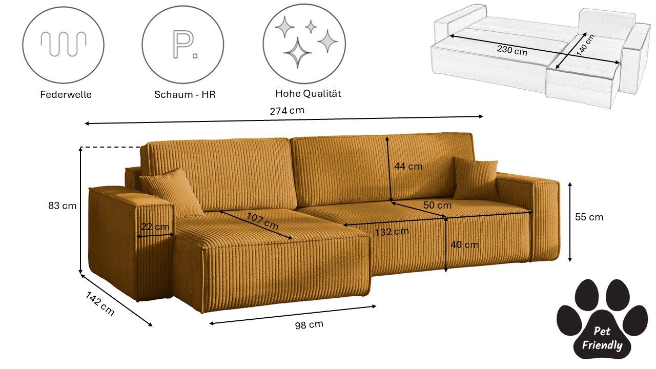 Bettkasten des Cord Ecksofas BEST XL