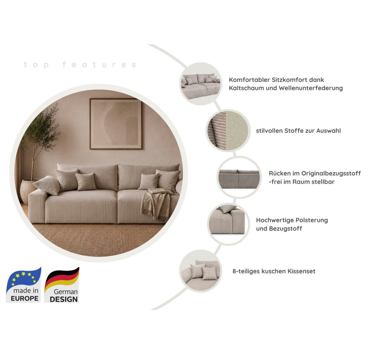 Nahaufnahme des Cordbezugs in Taupe