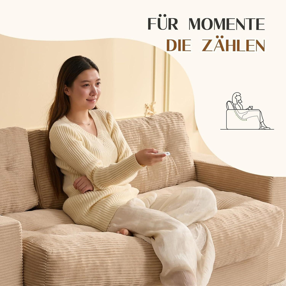 Breite Armlehne des Cord Bodensofas in Hellbraun
