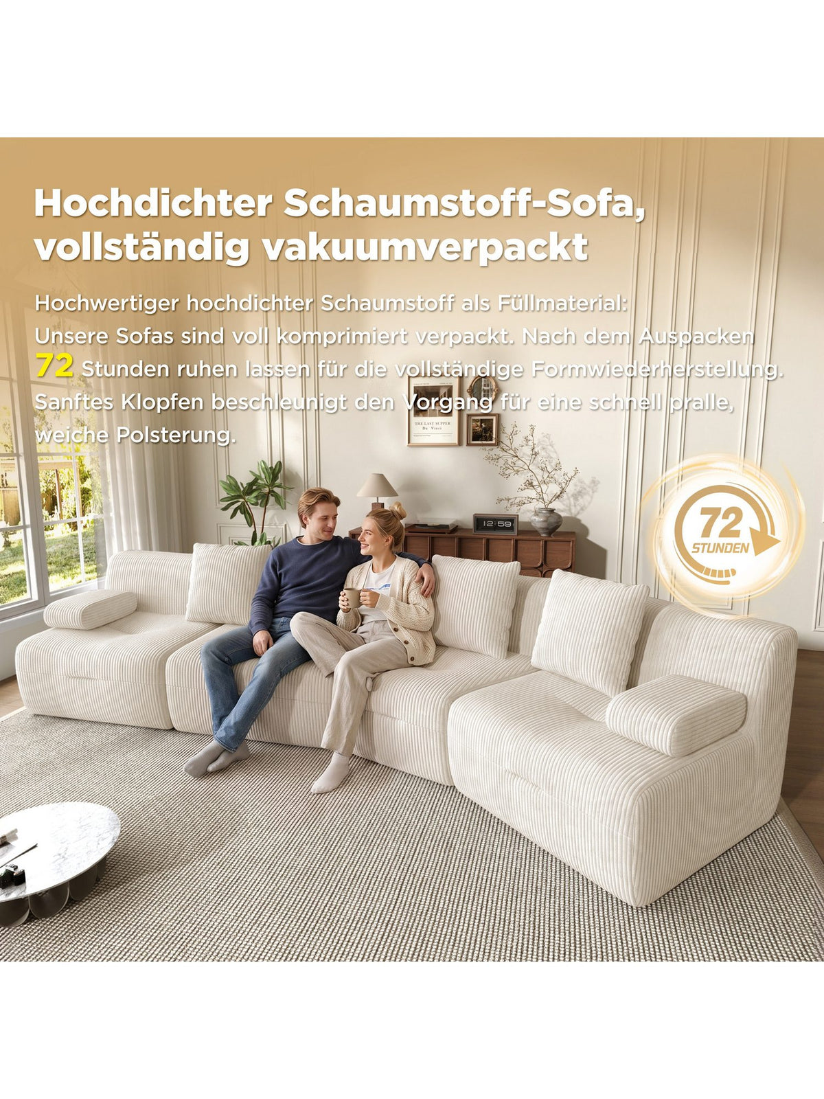 Modulares Cord Sofa in Beige Ansicht der Sitzfläche