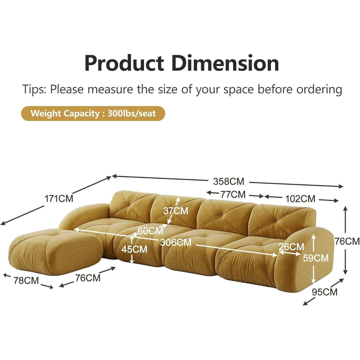 Modulare Cord Wohnlandschaft in Gelb mit Fusshocker