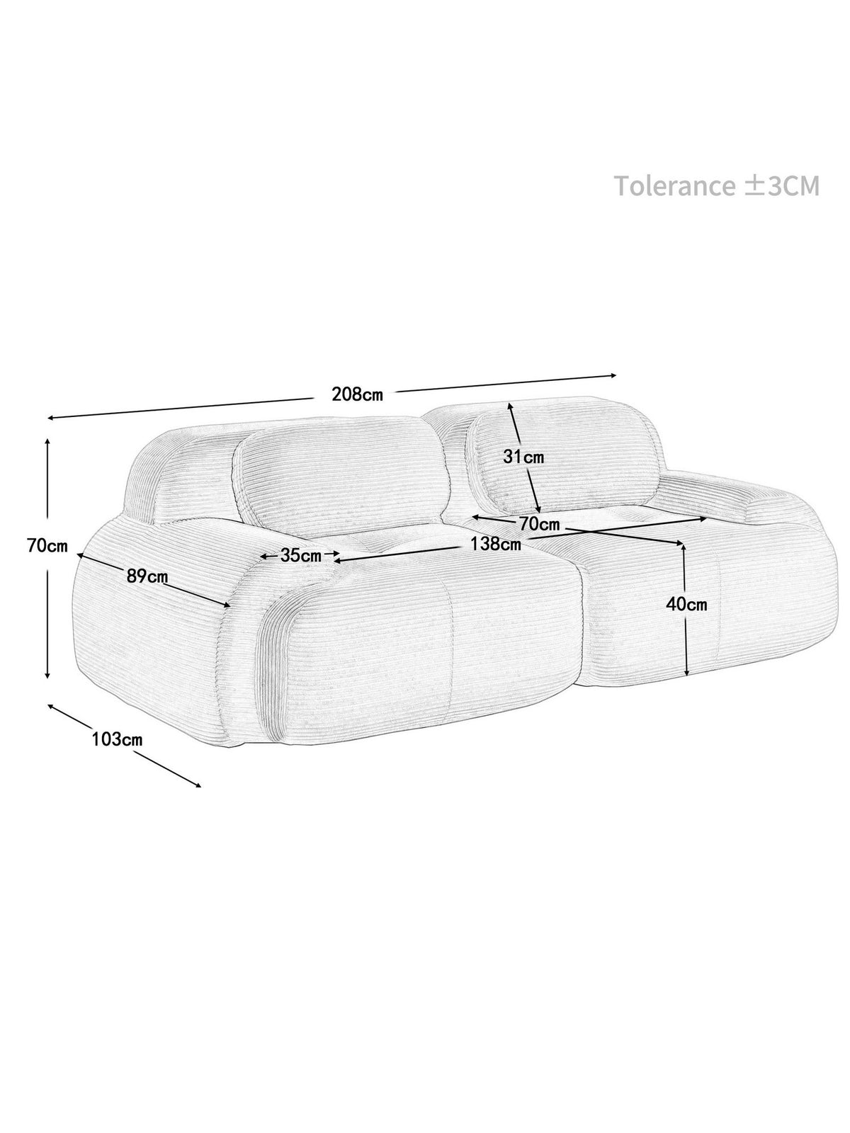 Rutschfeste Unterseite des modularen Cord Sofas