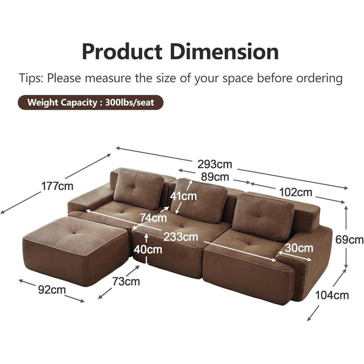 Modulares Cord Ecksofa in Braun mit Hocker im Wohnraum