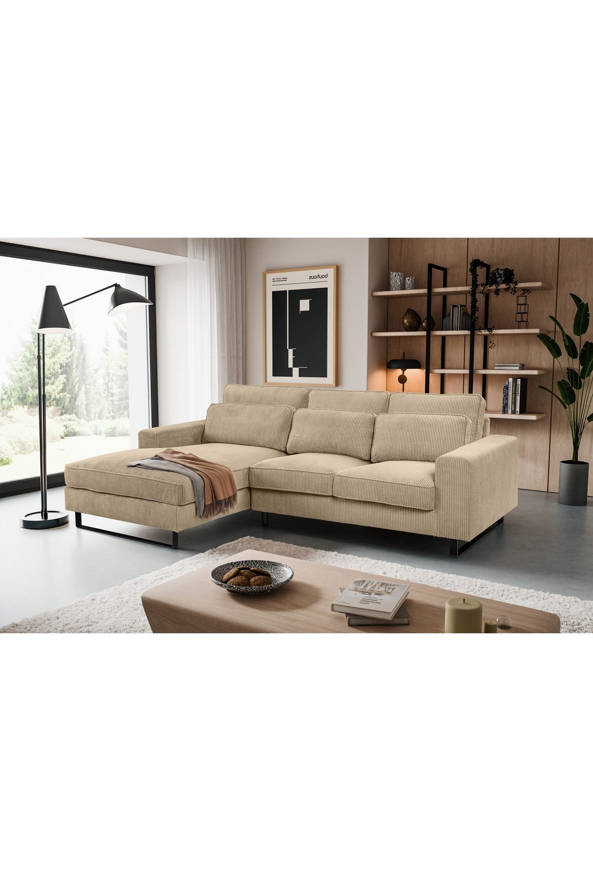 Cord Ecksofa BOLINA in Beige aus seitlicher Perspektive