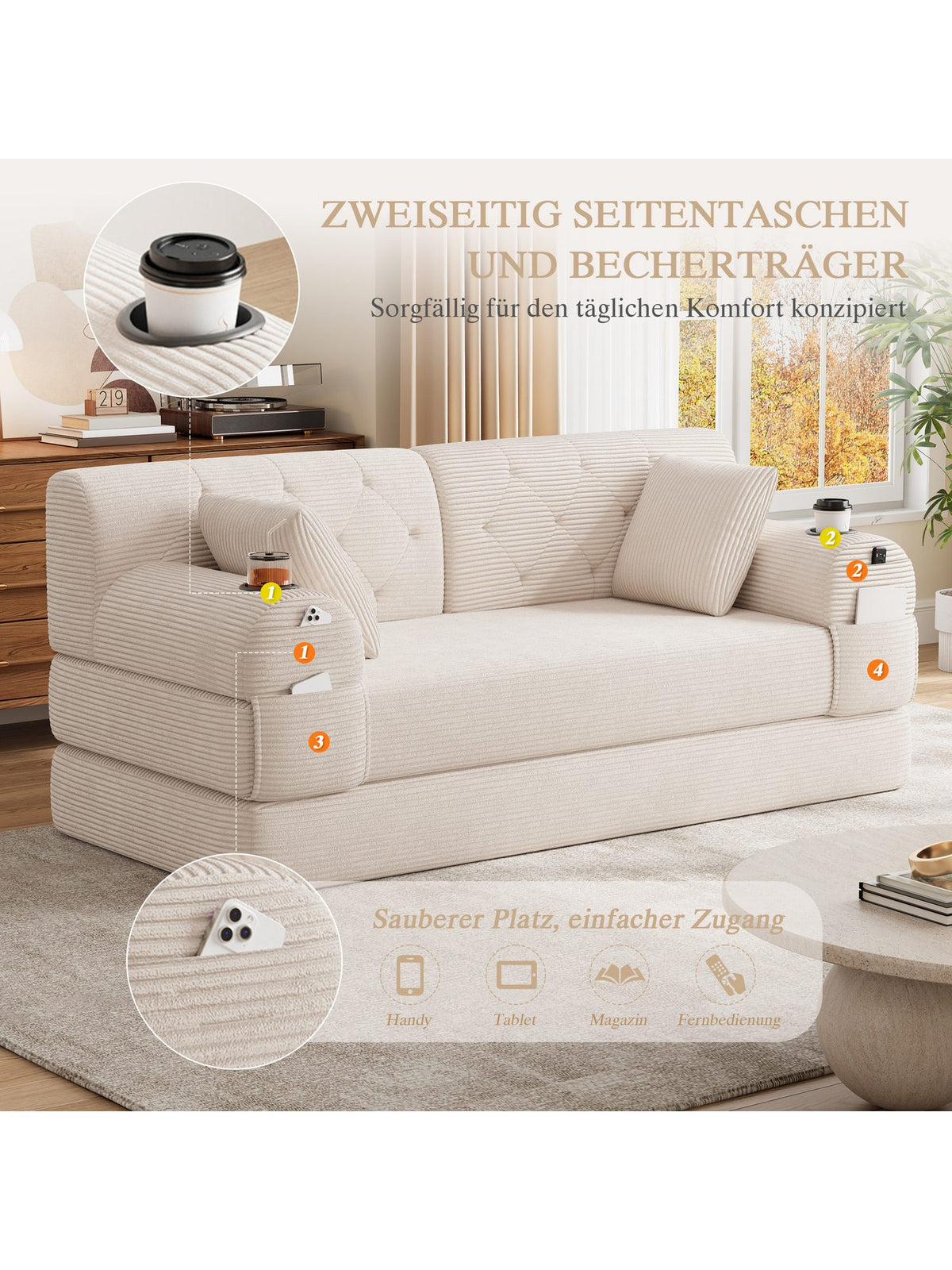 Detailansicht des Cordbezugs am Schlafsofa CELYA