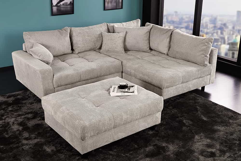 Cord Ecksofa KENT in Greige aus seitlicher Perspektive