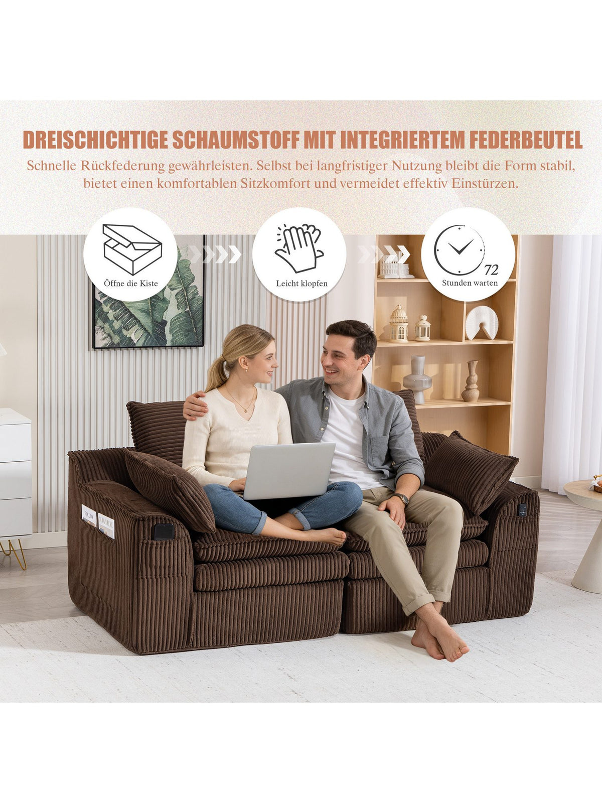 Modulares Cordsofa in Braun mit Kissen