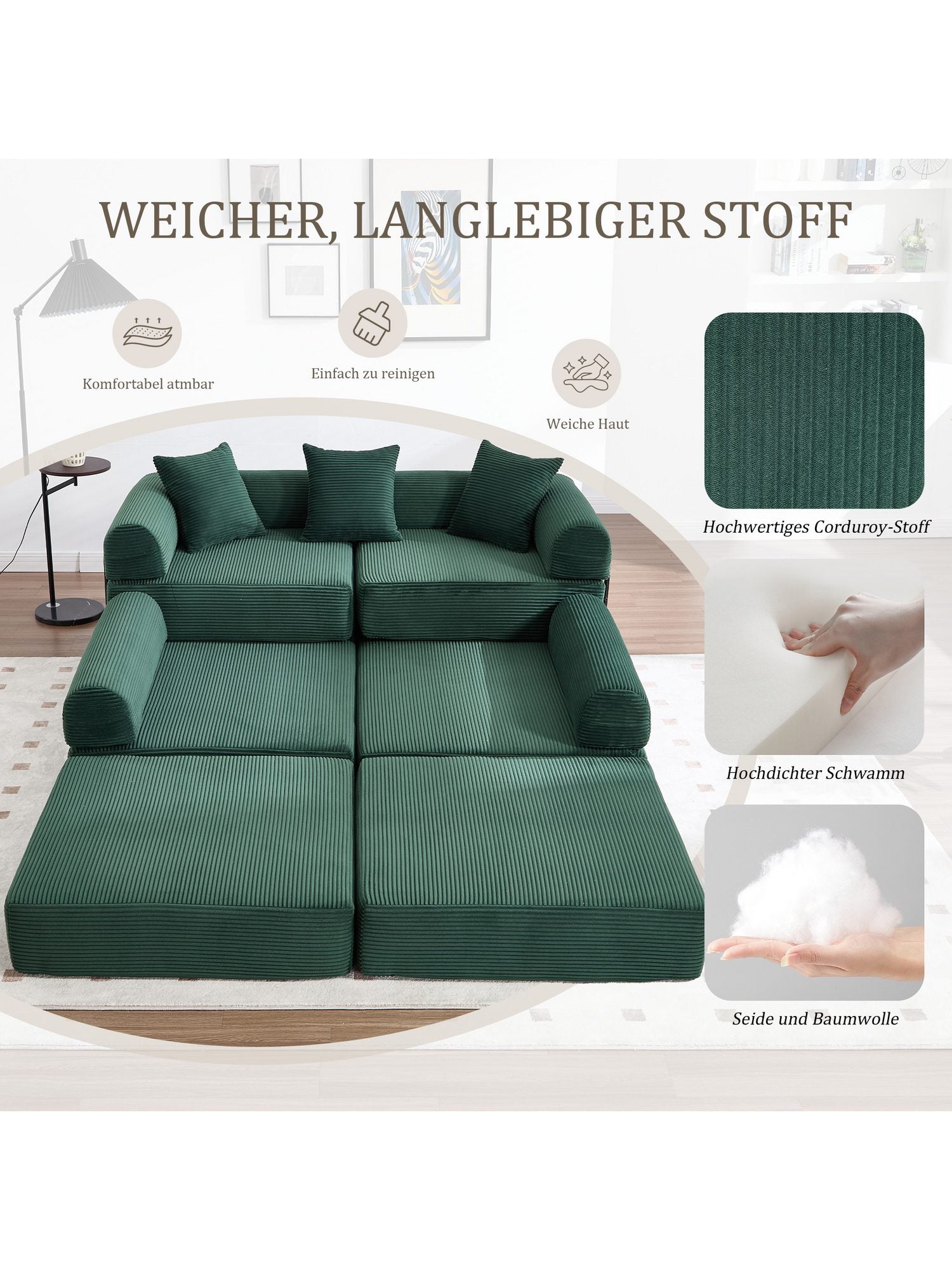 Cord Modulsofa in Grün als L-Form mit Zierkissen