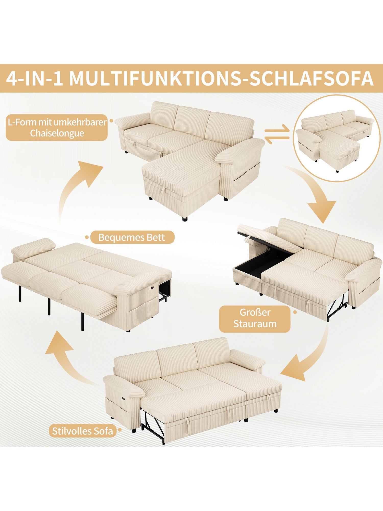 Cord Ecksofa 212 cm in Beige Ansicht 4