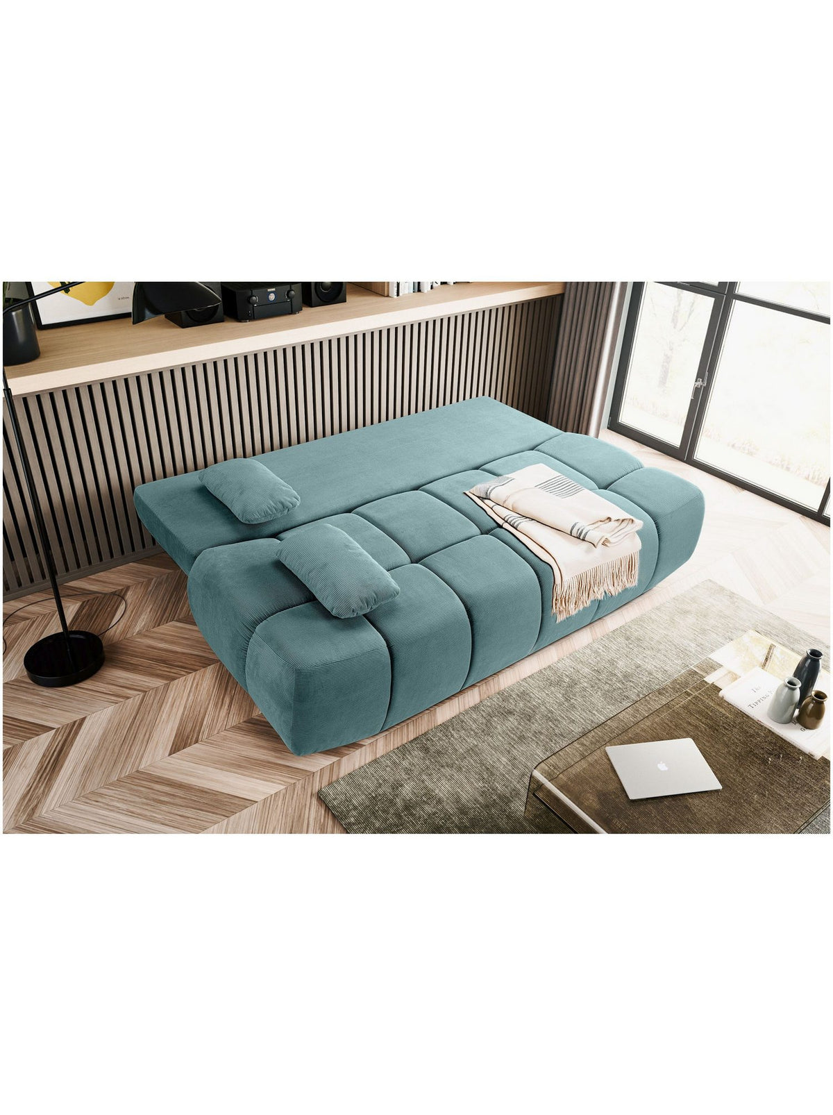 Cord Schlafsofa LAUDER mit Zierkissen im Wohnraum