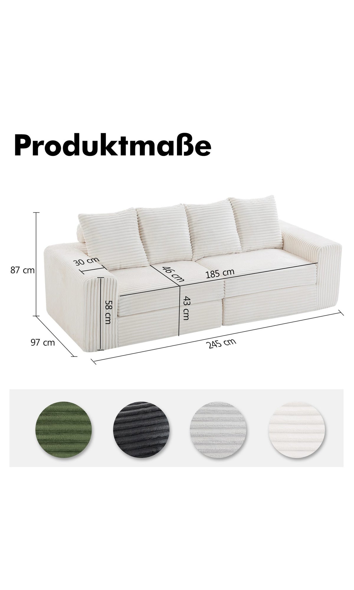 Cord Sofa in Weiß seitliche Ansicht