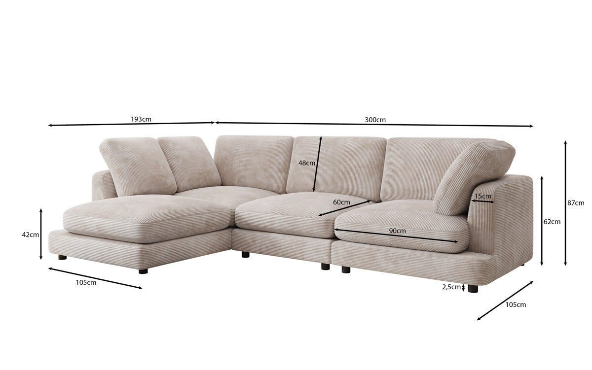 Seitenansicht des L-Sofas THALESSA in weichem Cord