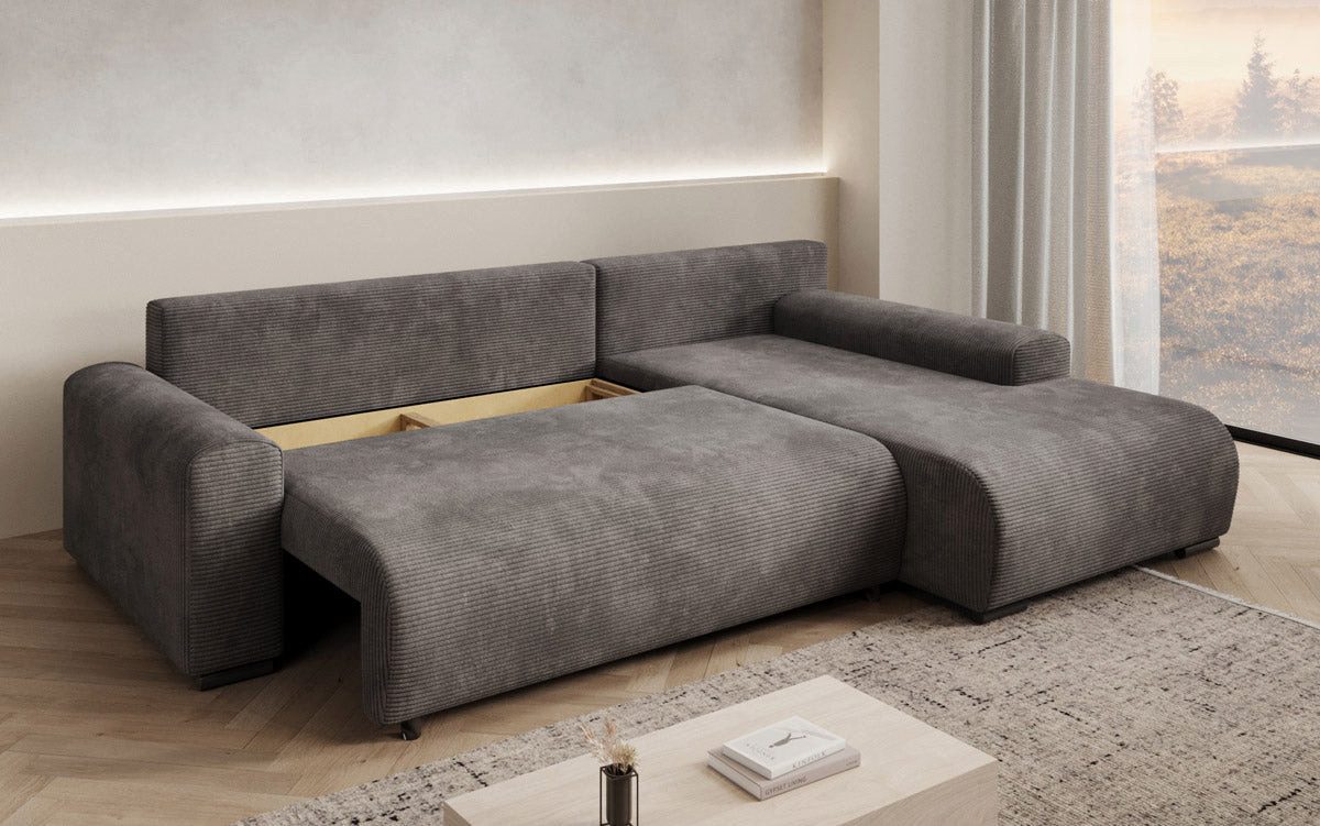 Cord Schlafsofa HANNA in Grau mit ausgezogener Liegeflaeche