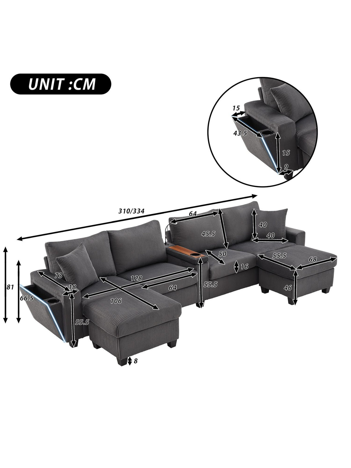 LED-Beleuchtung und Leselampe am Cord Sofa