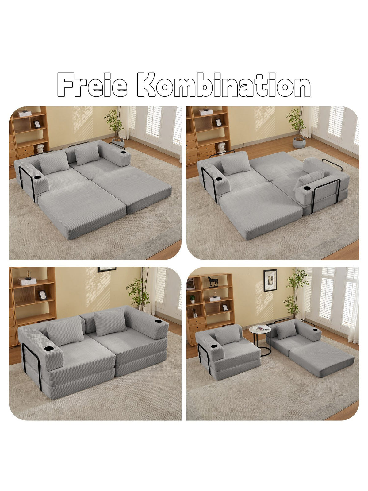 Bodennahes Cord Schlafsofa in Grau mit zwei Rückenkissen