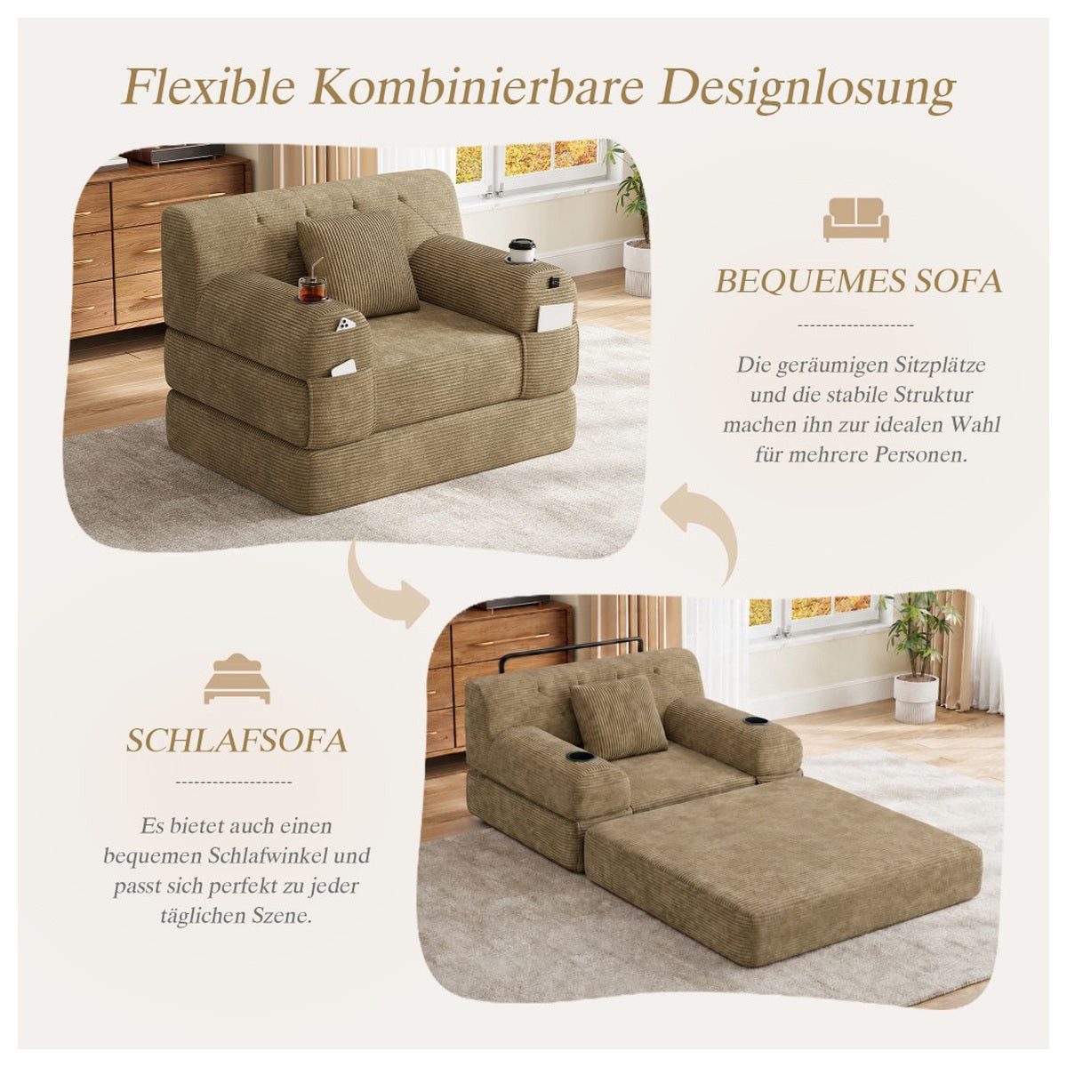 Detailaufnahme des Cordbezugs in Khaki