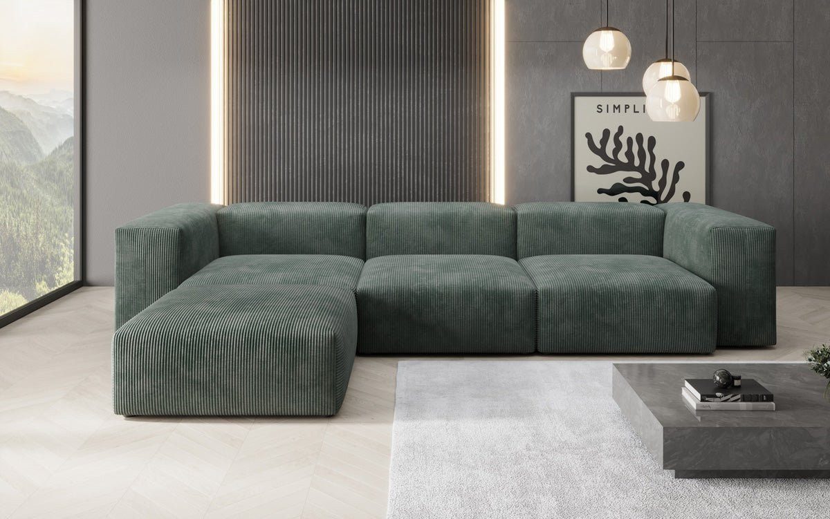 Cord Ecksofa SNUG in Grün Detailansicht des Cordbezugs