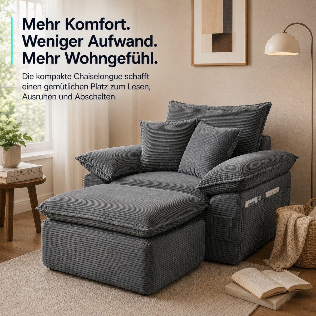 Cord Sofa mit Ottomane im Wohnzimmer