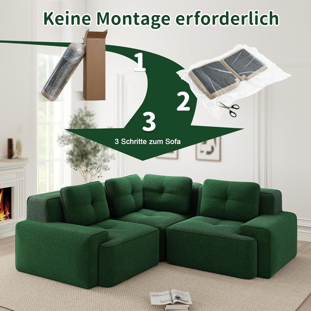 Breite Armlehne des grünen modularen Cord Ecksofas