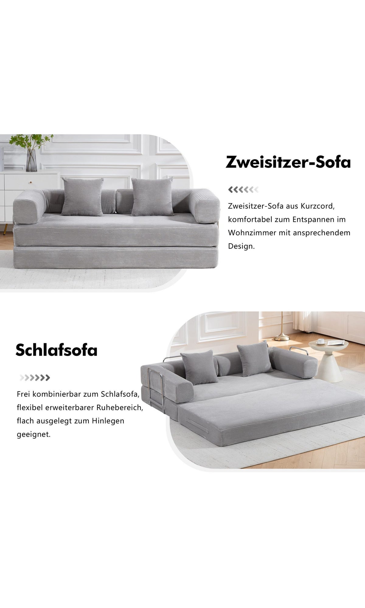 Cord Schlafsofa in Grau in der Gesamtansicht