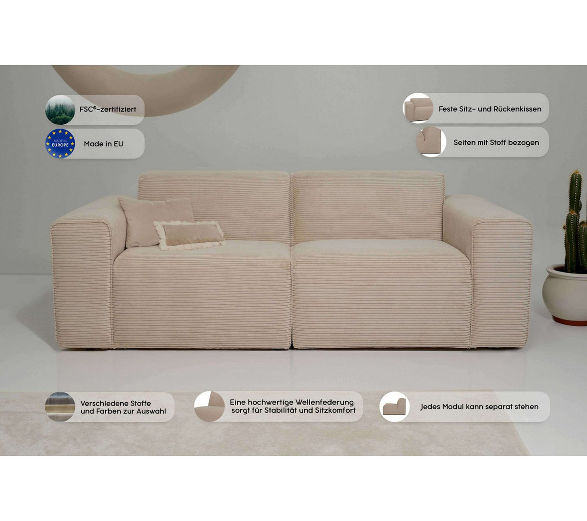 Seitenansicht des 2-Sitzers CLAYTON in Cord Grau