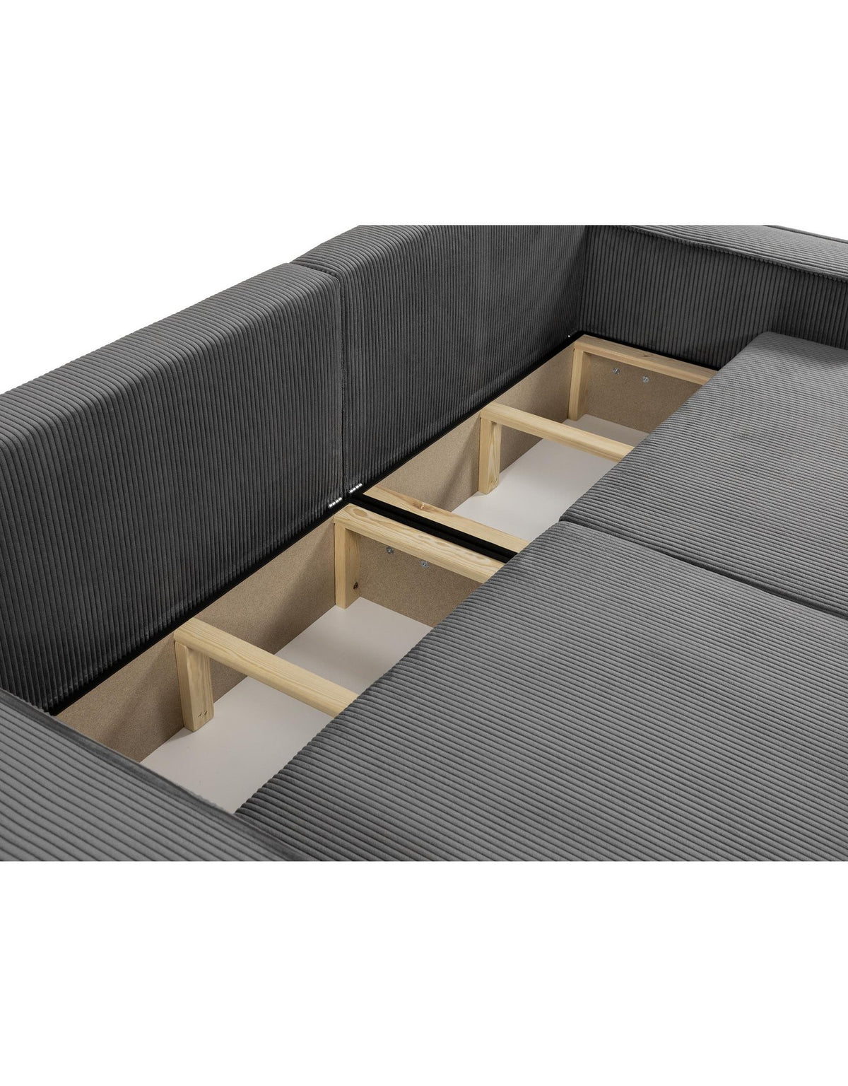 Geöffneter Bettkasten des Cord Schlafsofas KARL