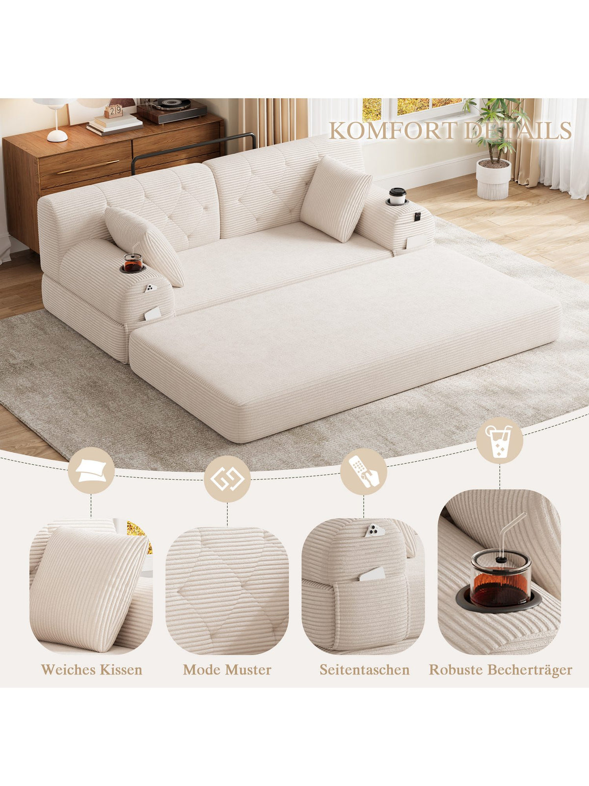 Cord Schlafsofa CELYA in Beige im Wohnzimmer