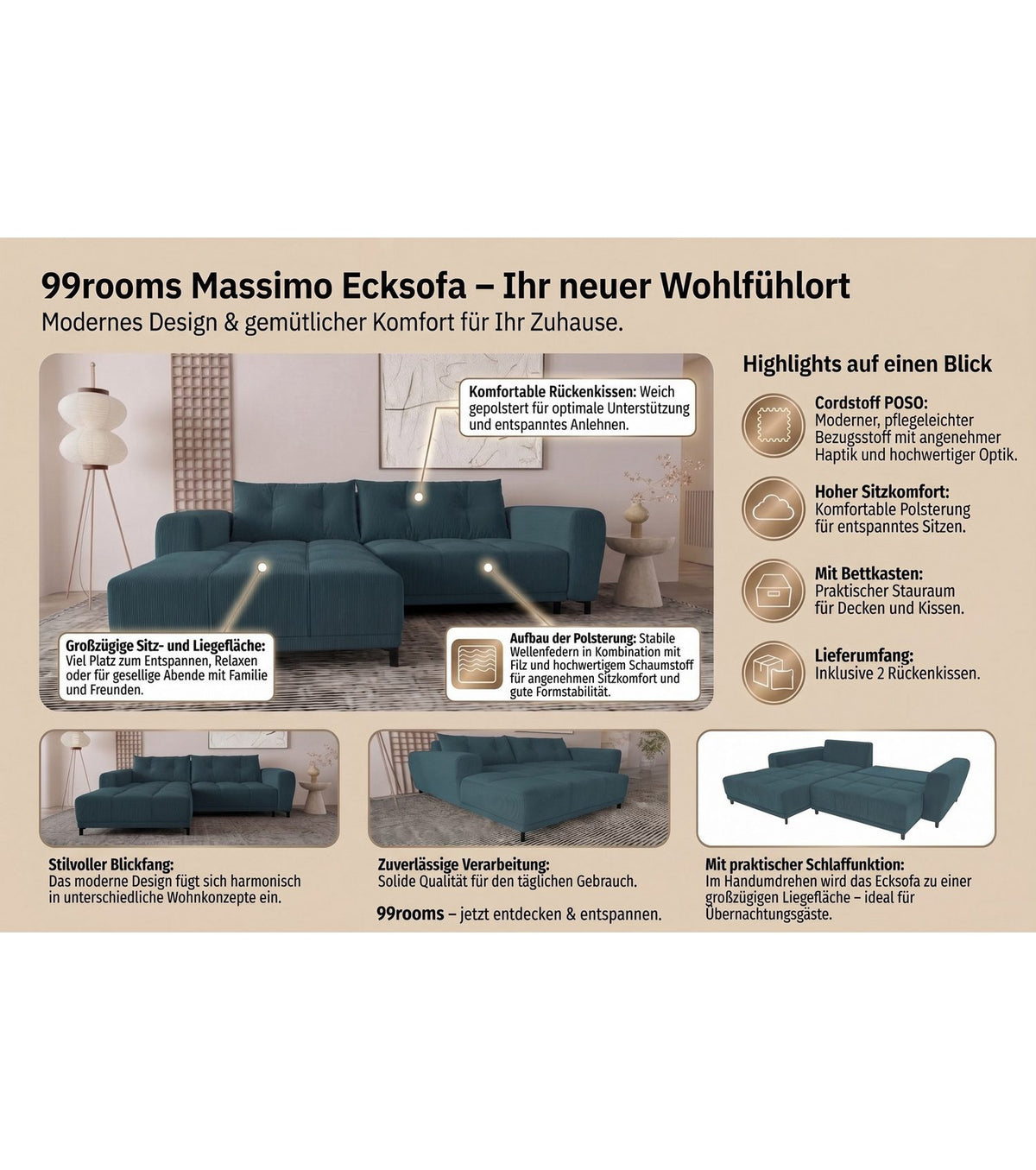 Seitenansicht des Cord Ecksofas MASSIMO mit Ottomane