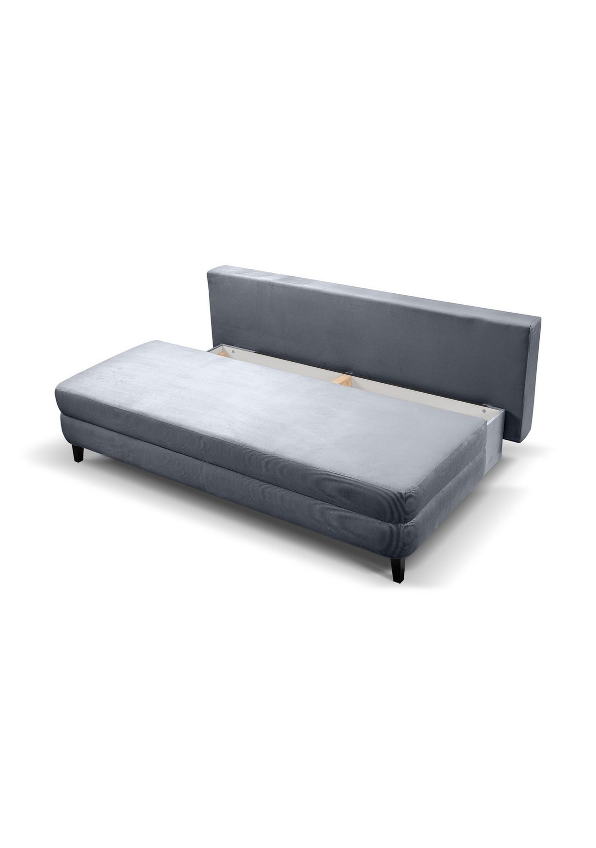 Seitenansicht des blaugrauen Cord Schlafsofas