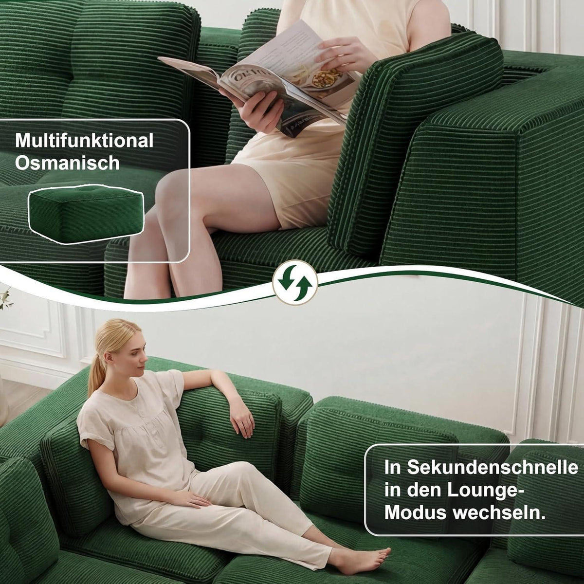 Tiefe Sitzfläche des grünen Cord Ecksofas