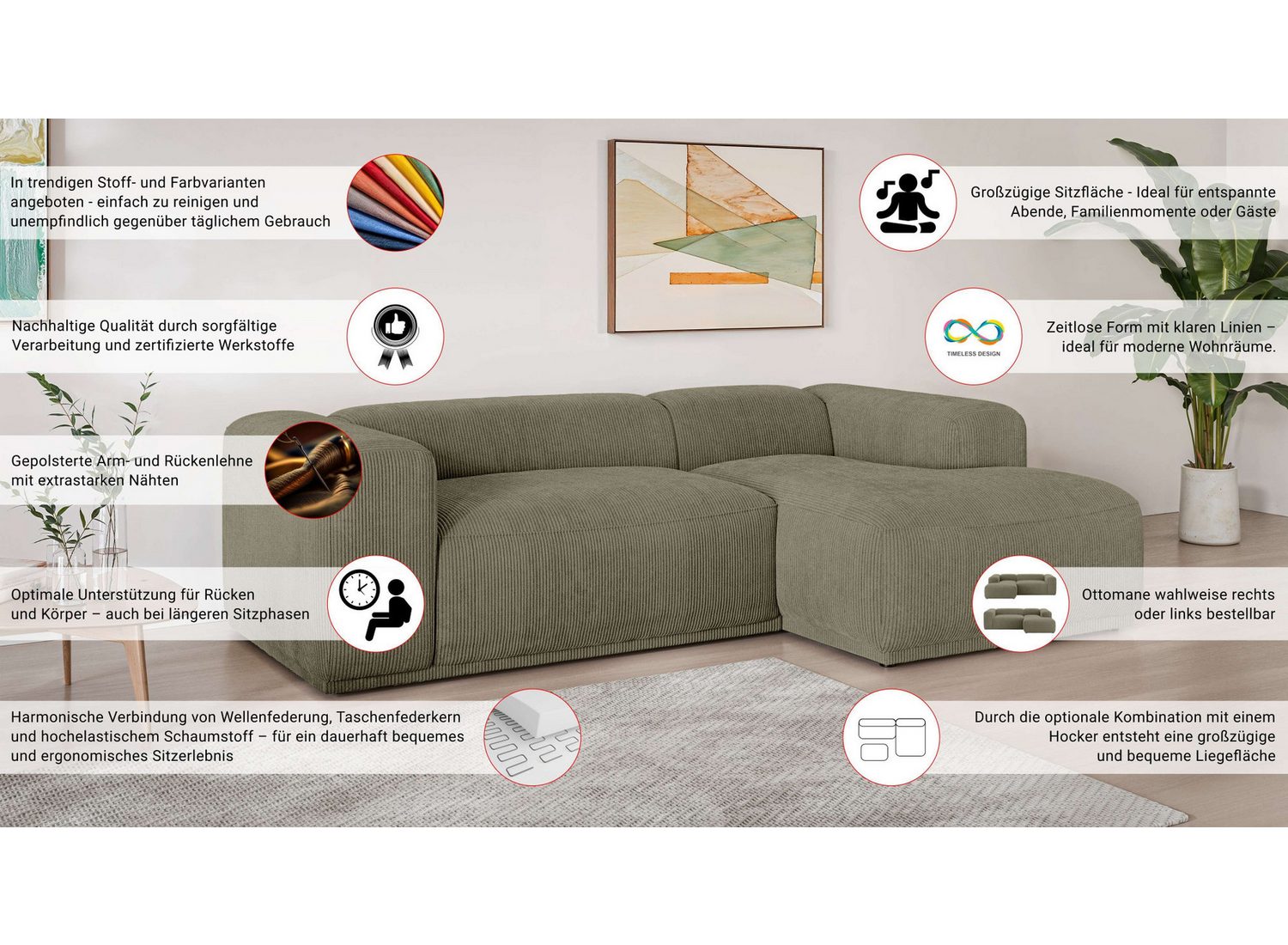 Cord Ecksofa EMMERIK in Creme Ansicht 4