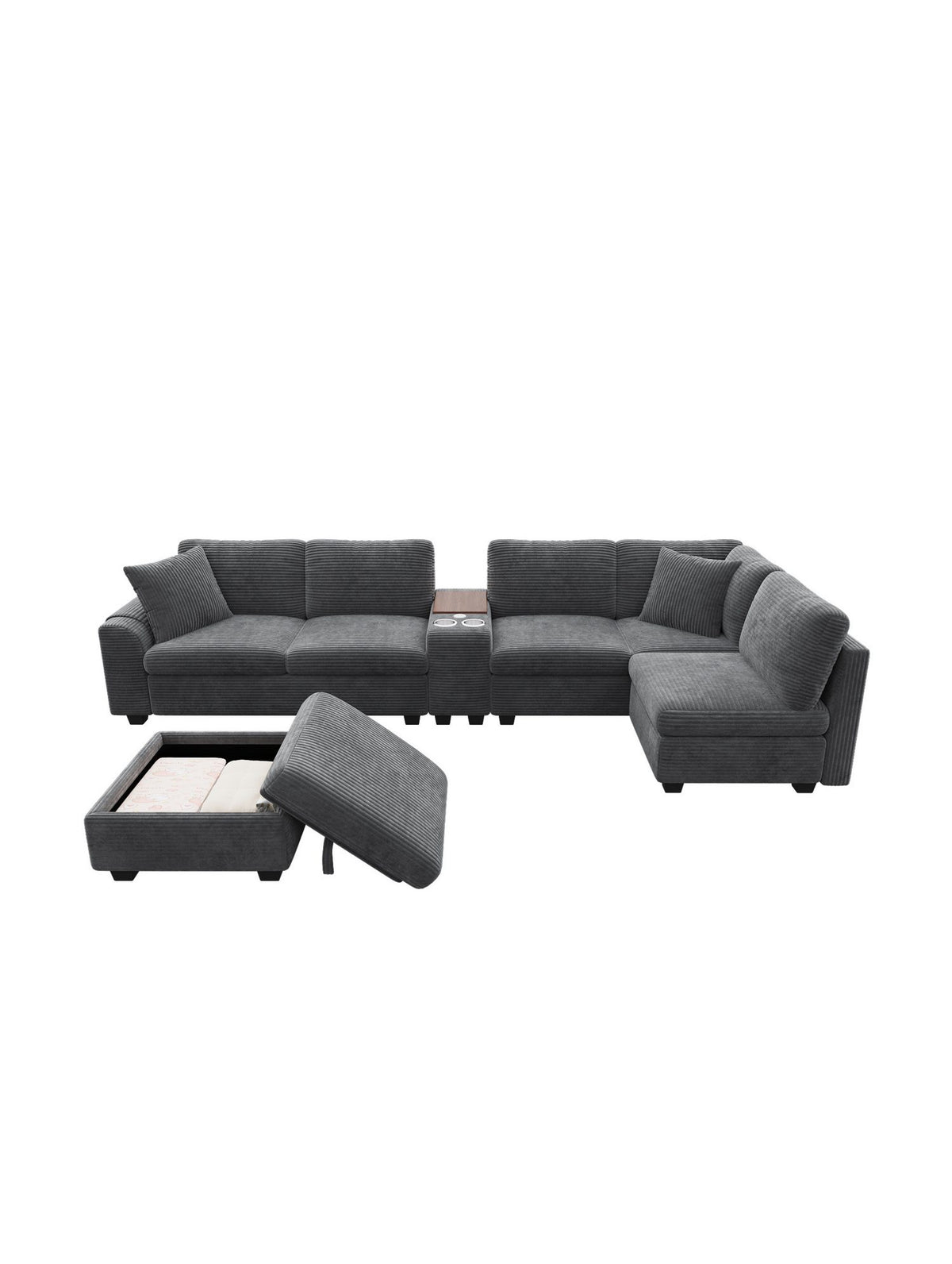 Seitenansicht der grauen Cord Wohnlandschaft mit Armlehne