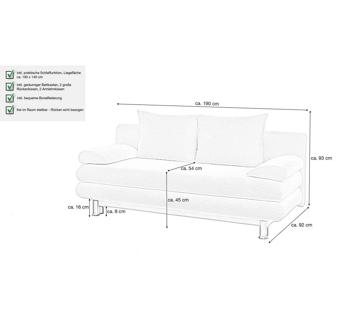 Cord Schlafsofa AVENDA mit vier Kissen im Wohnraum