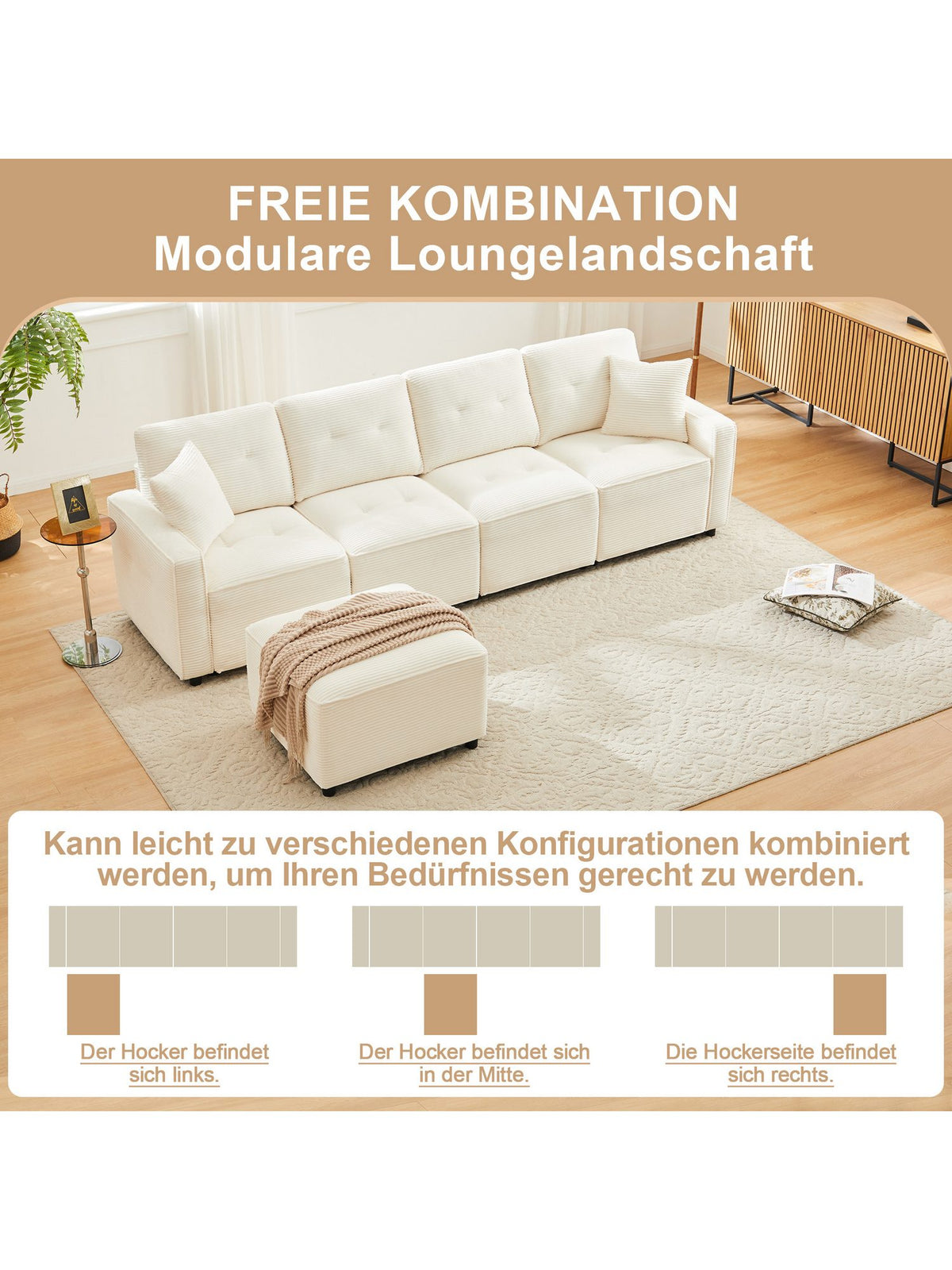Cord Ecksofa in Beige Perspektivansicht