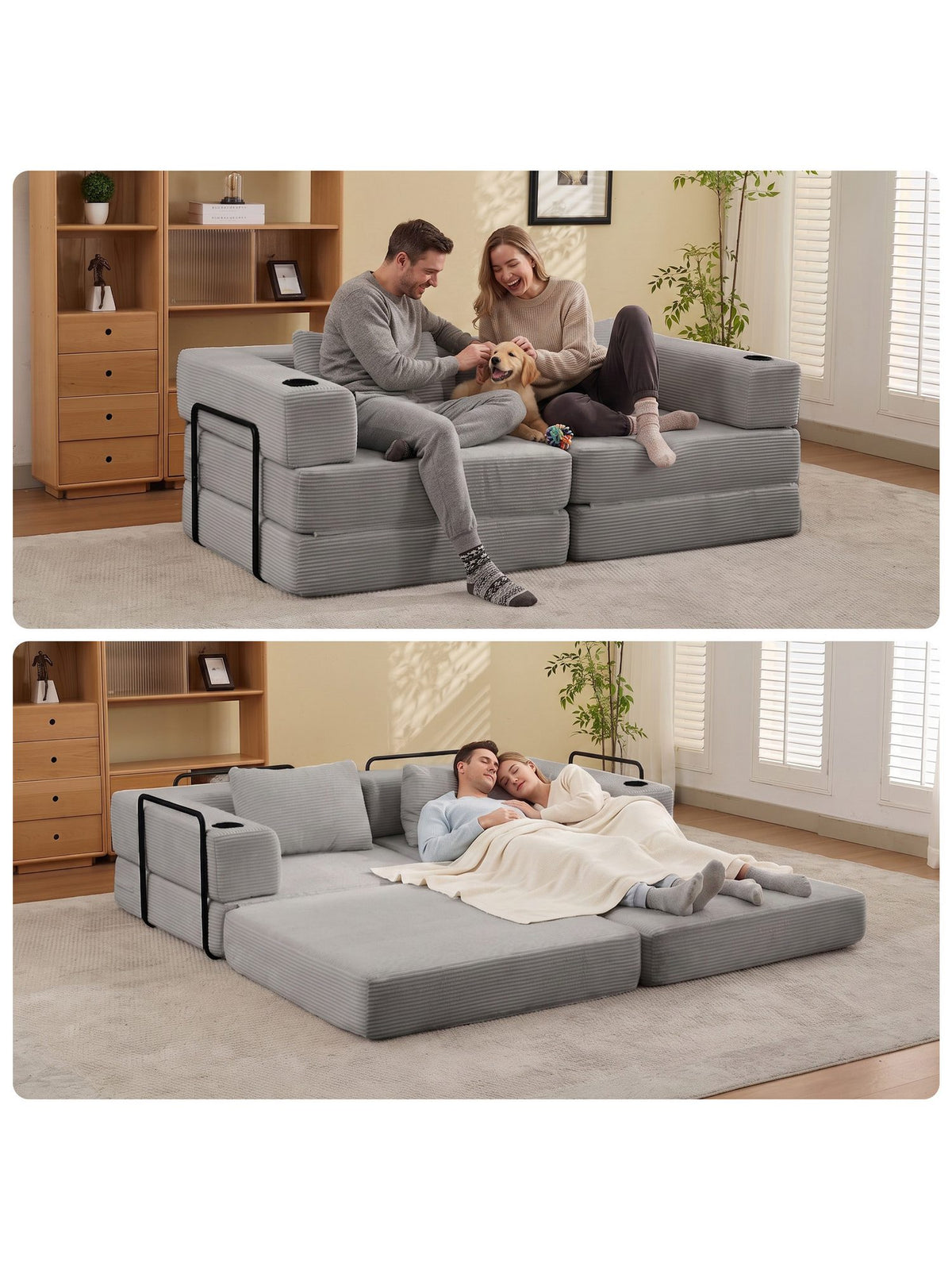Graues Cord Schlafsofa seitlich im Wohnzimmer
