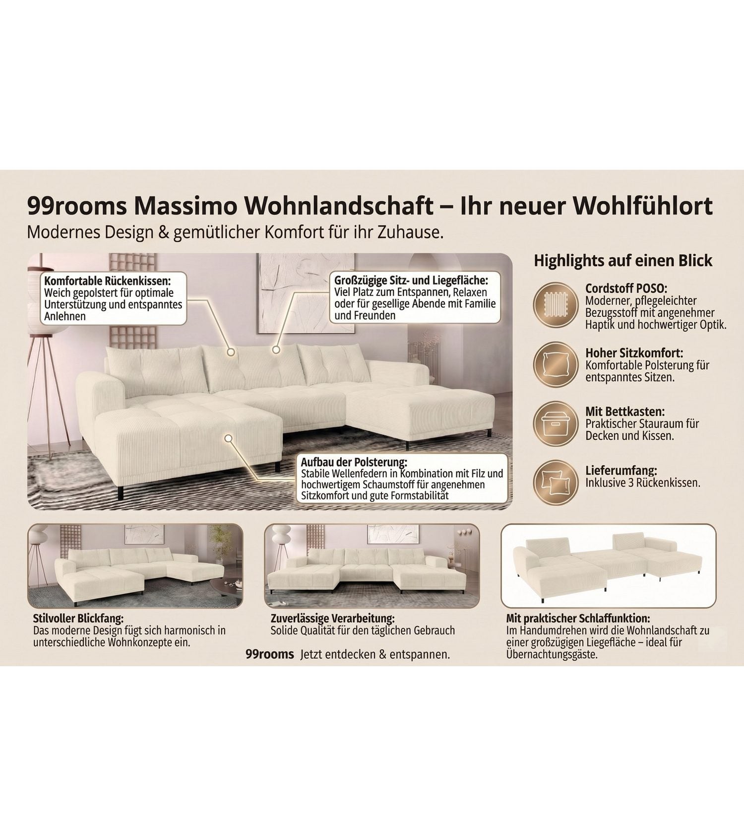 Liegefläche der Cord Wohnlandschaft MASSIMO in Graphit