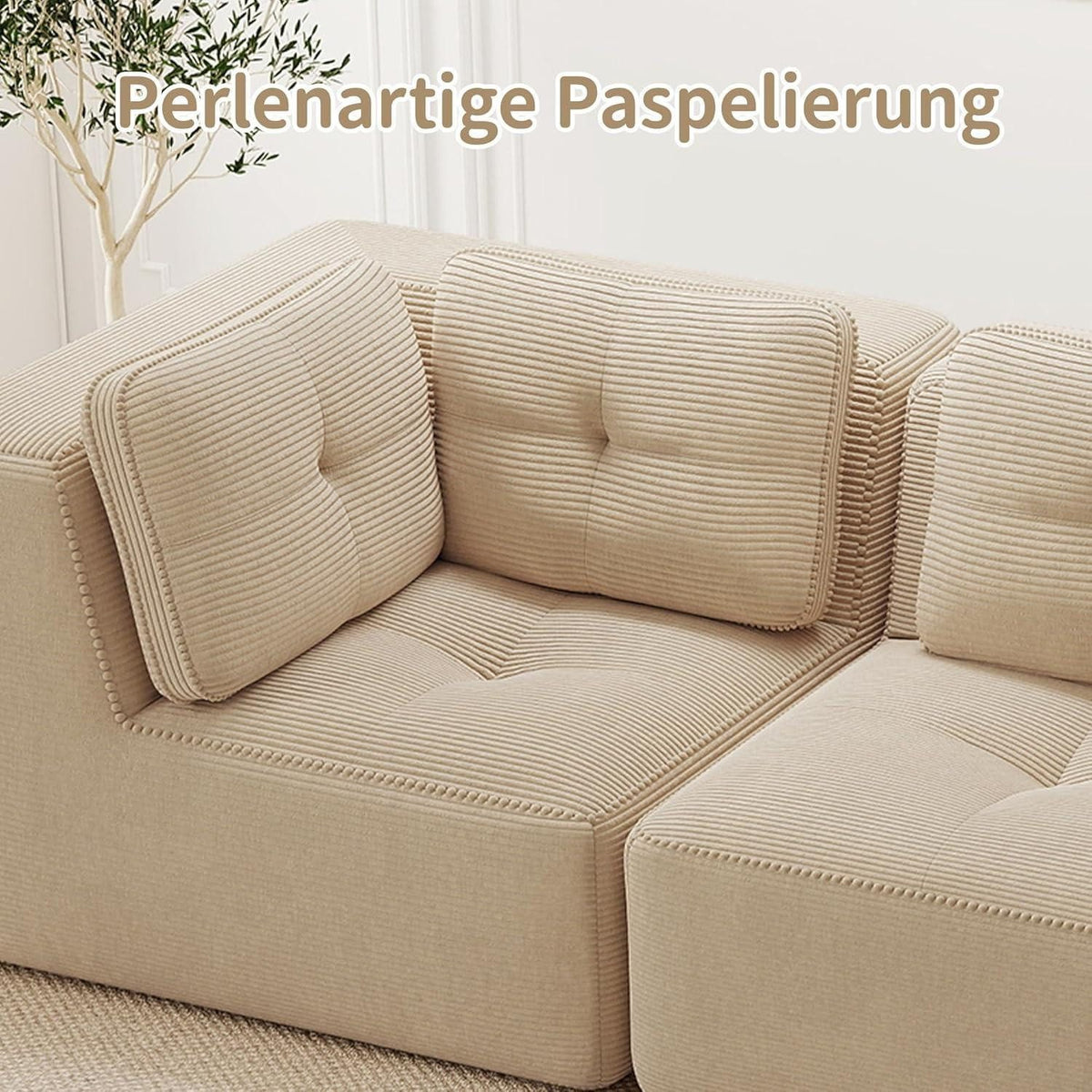 Detailaufnahme des beigen Cordbezugs mit Perlenpaspel