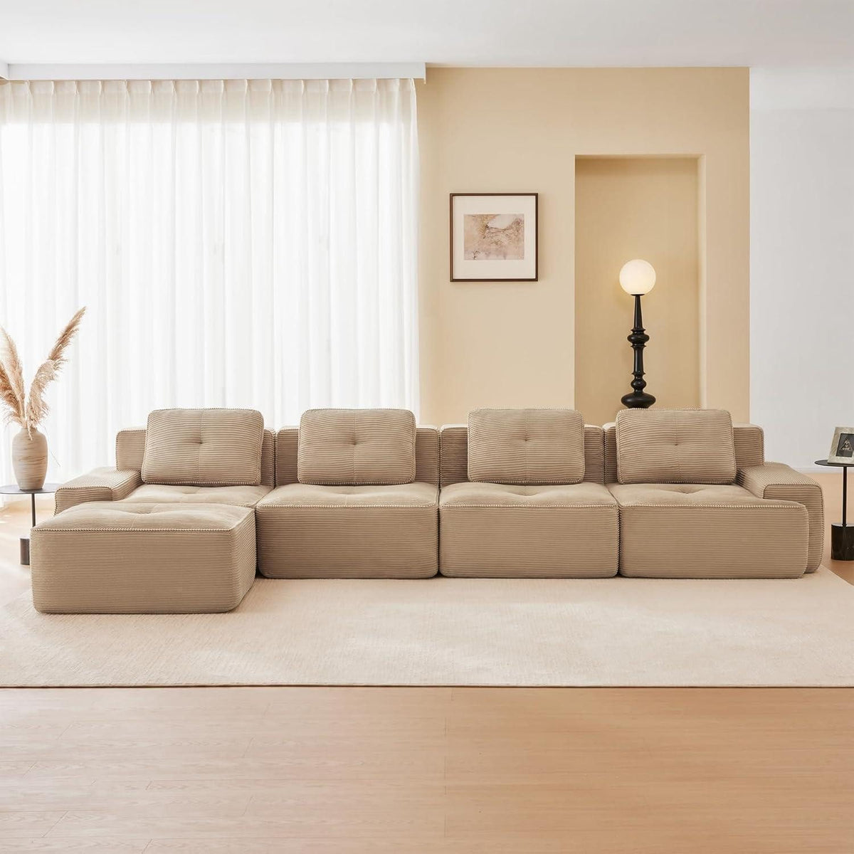 Cord Wohnlandschaft Beige mit Hocker im Wohnzimmer