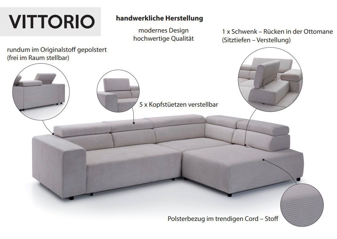 Seitenansicht des braunen Cord Ecksofas