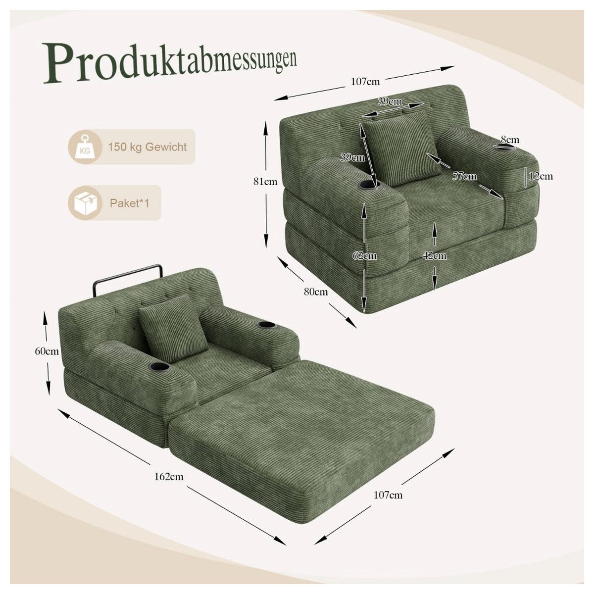 Rückansicht des grünen Cord Schlafsofas
