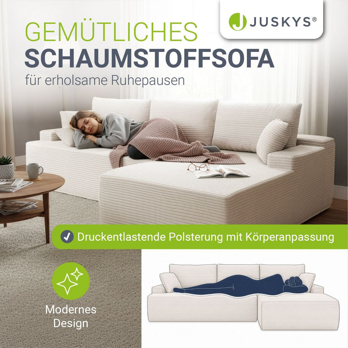 Liegefläche der Ottomane am Cord Ecksofa COREDO