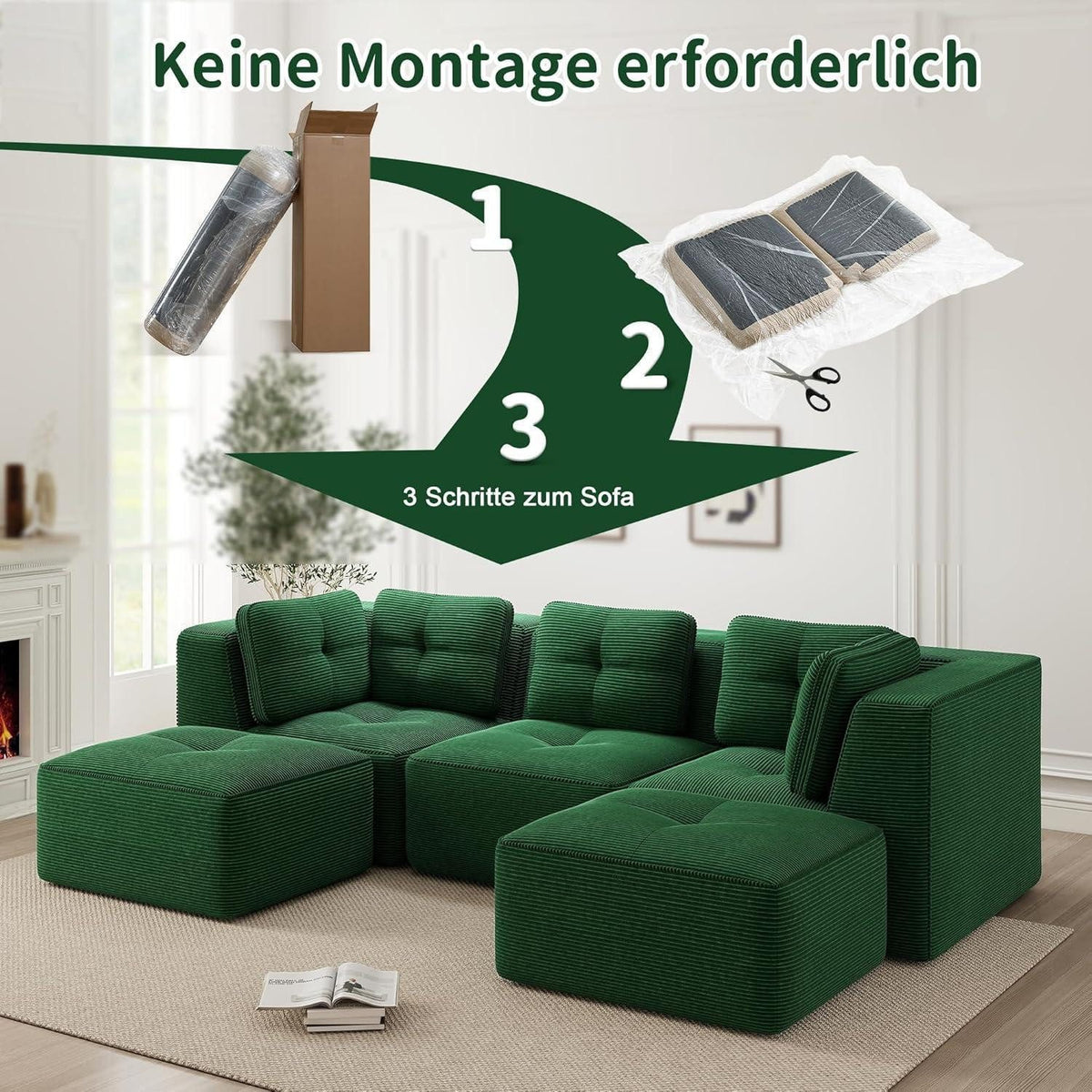 Nahaufnahme des grünen Cordbezugs mit Paspel