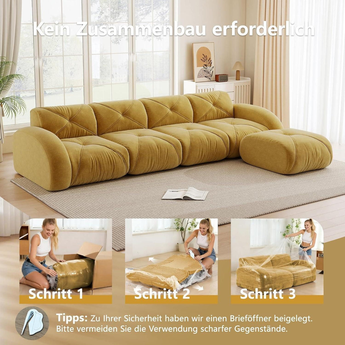 Cord Sofa in Gelb in L-Form von vorne