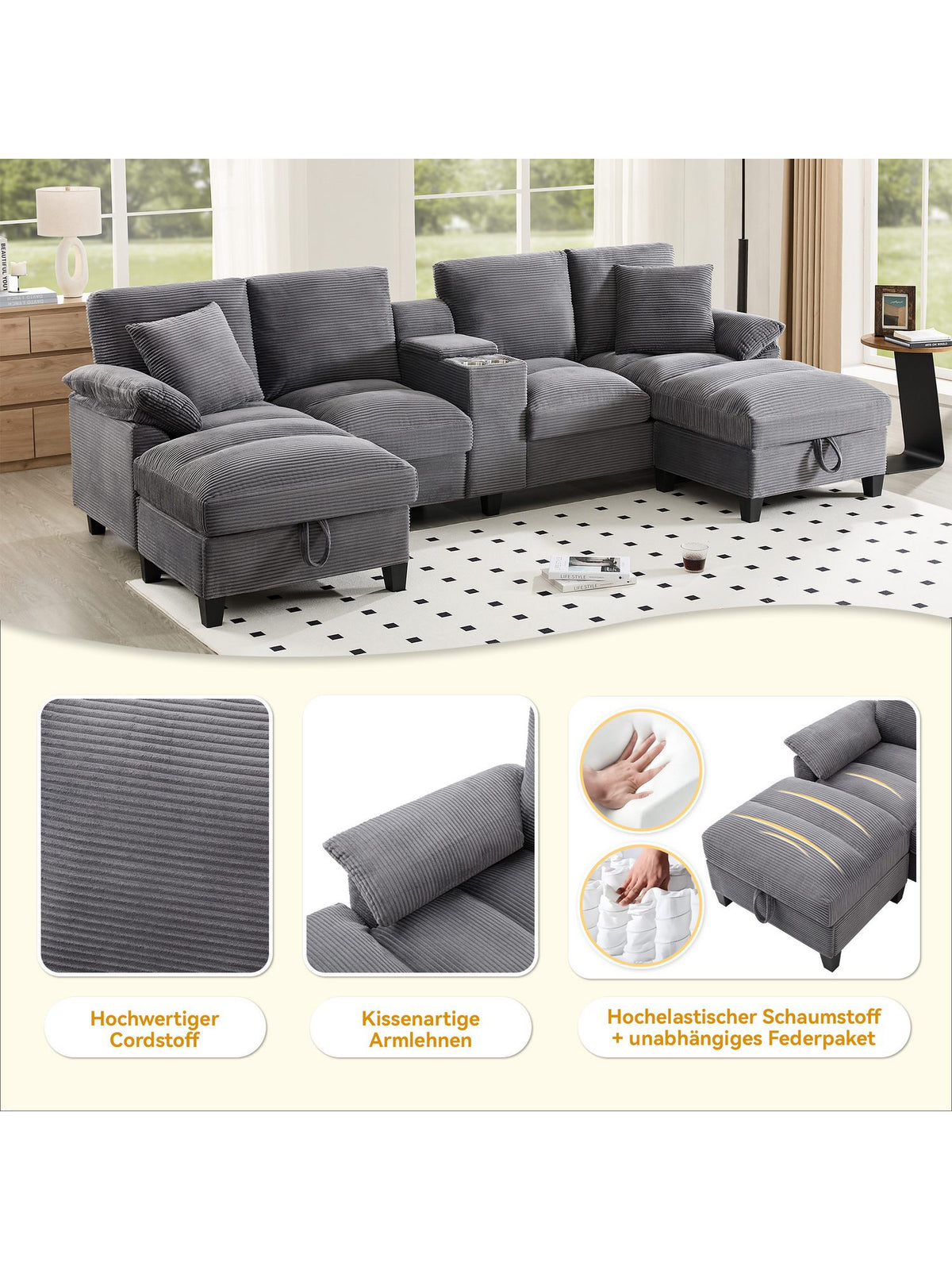 Detailaufnahme des Cord Bezugs in Grau