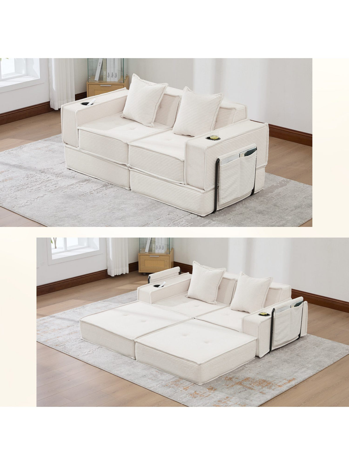 Cord Schlafsofa 2-Sitzer mit Fußhocker von der Seite