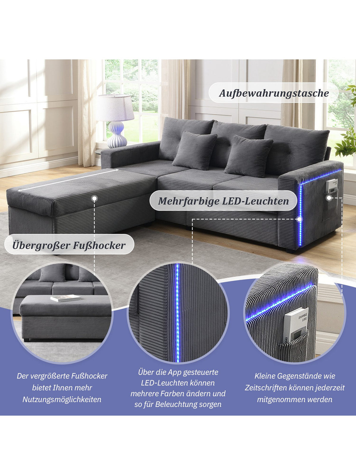 Seitentasche mit Stauraum am Cord Ecksofa MERAX