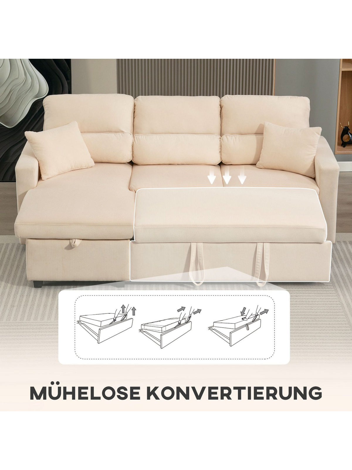 Detailaufnahme des beigen Cordstoff Bezugs