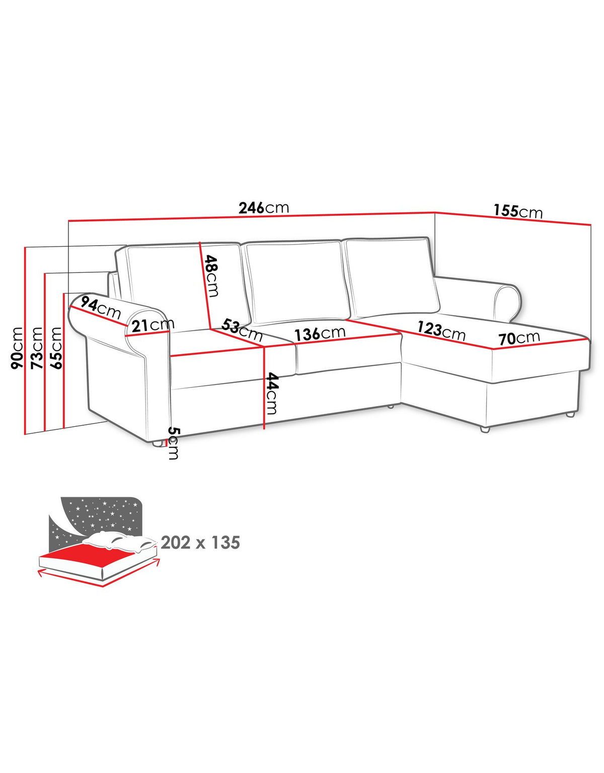Geoeffneter Bettkasten des Cord Ecksofas MONACO
