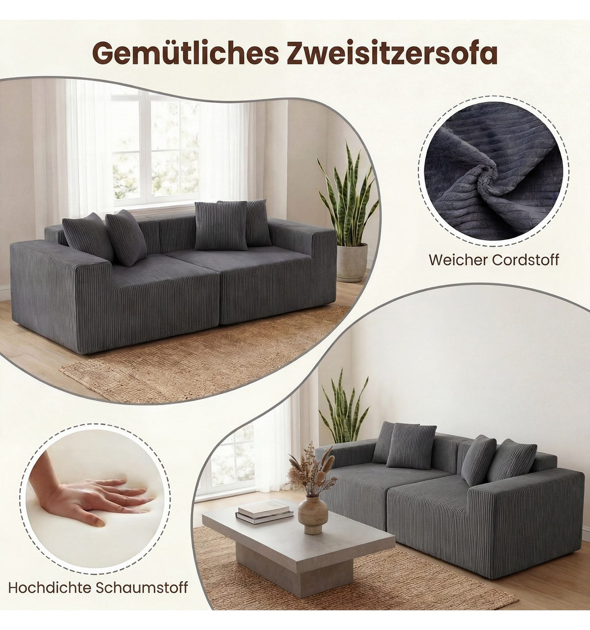 Cord Sofa 2-Sitzer mit tiefer Sitzfläche im Wohnzimmer