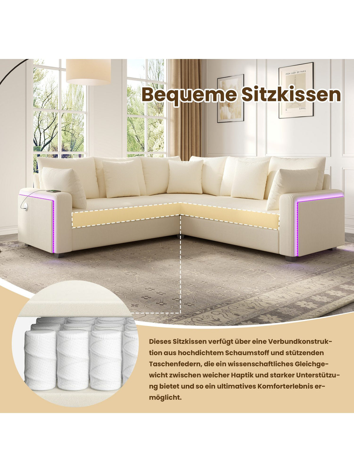 Cord Ecksofa mit Zierkissen im Lieferumfang